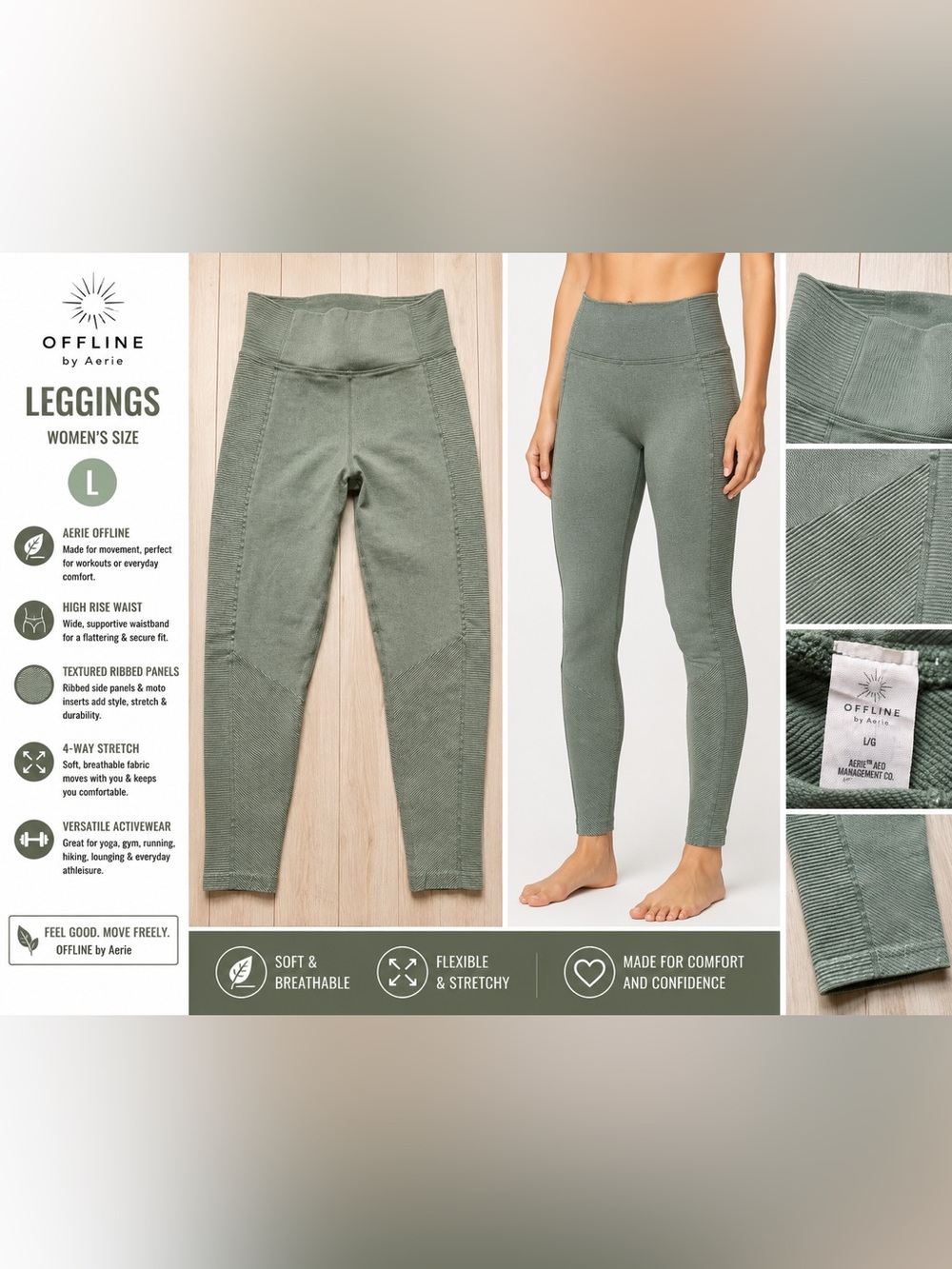 OFFLINE by Aerie Leggings Womens Large Green Ribbed High Rise